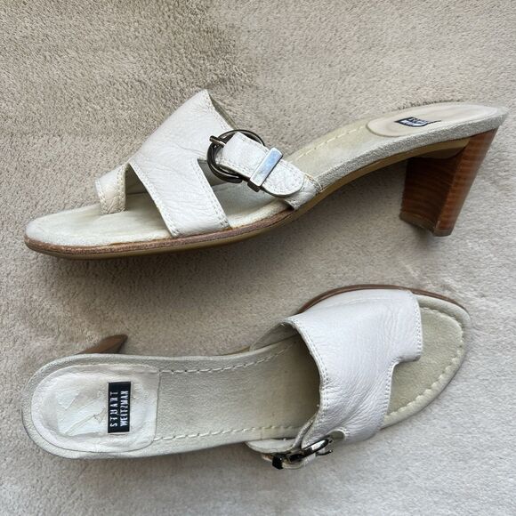 Stuart Weitzman Neutral Bone Leather Mule Heeled Sandals Women 6.5 AA Toe Ring - Picture 16 of 16